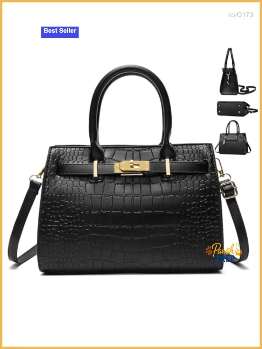 Croc-Embossed Faux Leather Top Handle Satchel Bag with Gold Lock